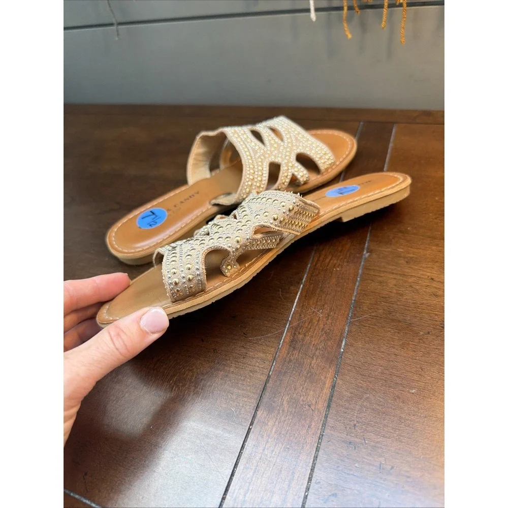 Rock & Candy Women's Sandals 7.5 Tan Shimmering Crystals Slide Gryssel Flat